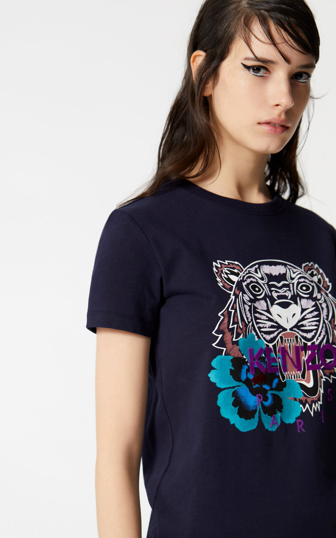 Kenzo Indonesian Flower 虎 Tシャツ レディース 暗青 - PRFGTB847